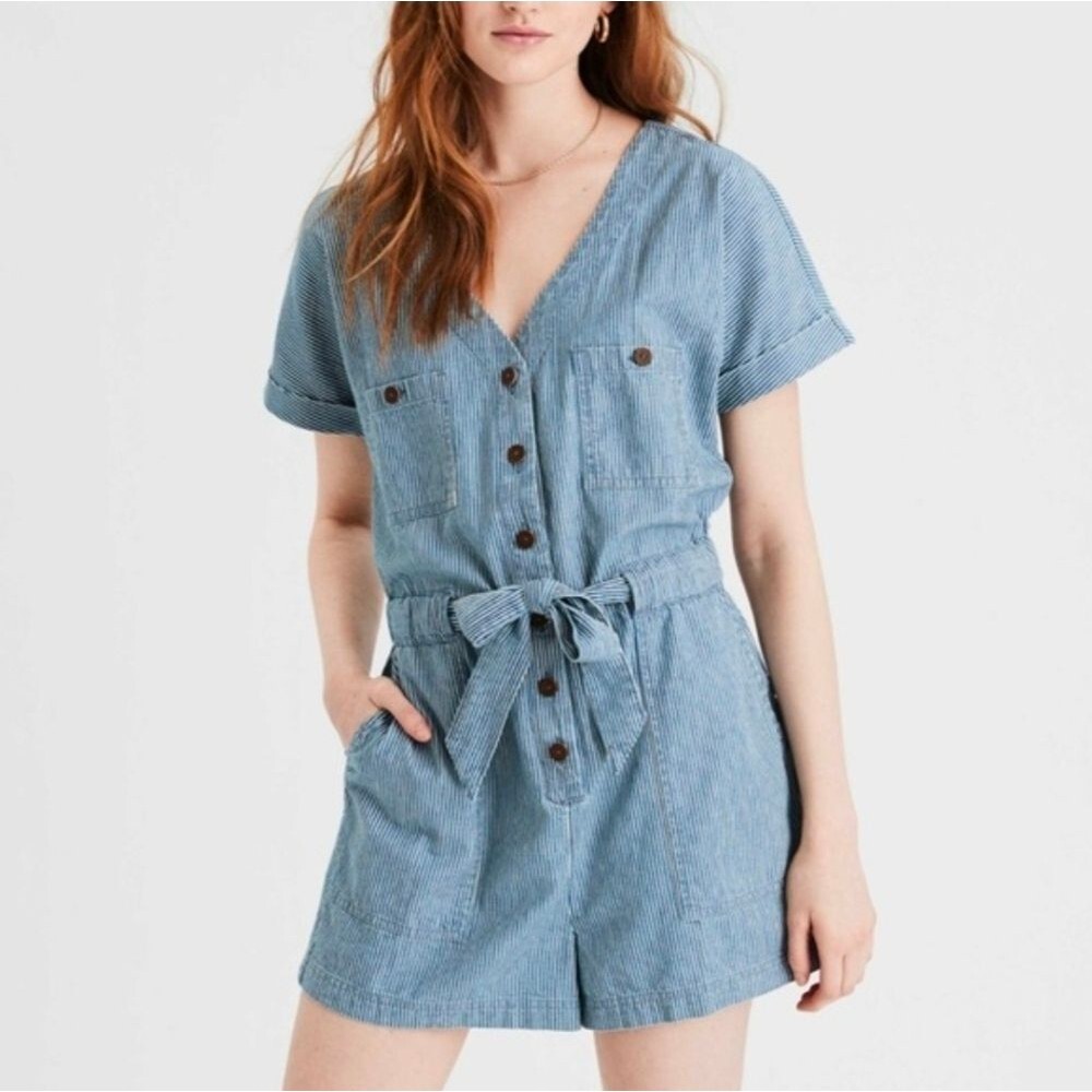American Eagle Utility Denim Shorts Romper, Size Medium